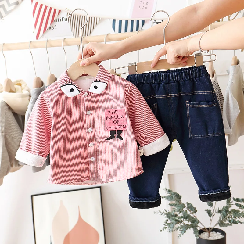 

2019 Fashion Winter Children Baby Stripes Eyes plus Velvet Suit Striped Shirt Coat Childrenswear