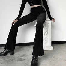 

Women High Waist Black Leg Pants Goth Female Velvet Stripe Skinny Gothic Vintage Elasticity Trousers Streetwear dark academia