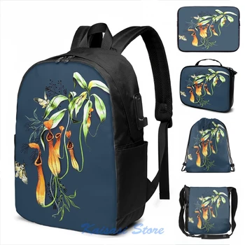 

Funny Graphic print Carnivorous Pitcher Plant Dark USB Charge Backpack men School bags Women bag Travel laptop bag