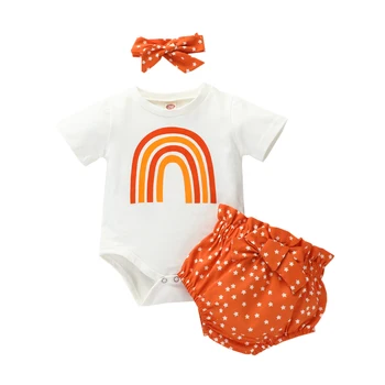 

3 pieces of newborn baby clothes, rainbow color printed jumpsuit top + star shorts + bow tie turban clothes suit