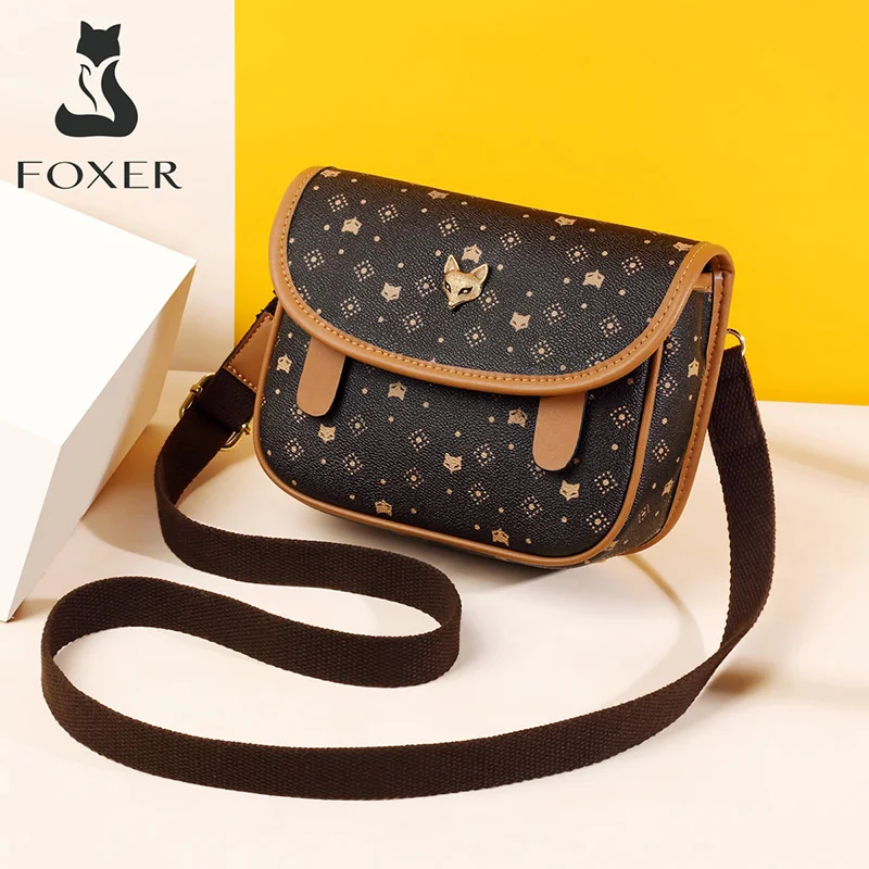 

FOXER Fashion Week Women's Saddle Bag PVC Leather Signature Cross-body Shoulder Bags for Ladies Monogram Female Messenger Bags