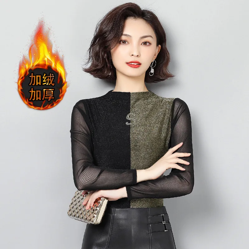 

Half-Turtle-Neck plus Velvet Base Shirt Women Long Sleeve 2019 Autumn And Winter New Style Slim Fit Filigree Gauze Warm Coat Wom