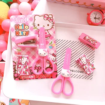 

1 set.Cute Cartoon Kitty Cat Stationary set Scissors+Stapler+Staples. Kawaii Kid's Birthday Children's Day Gift. School Supplies