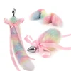 Rainbow metal small cute rabbit bunny headband pink silk fox tail ball anal bead butt plug set sex toy cosplay game men women 1