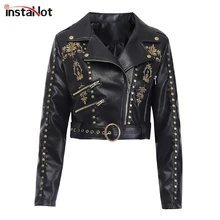 InstaHot пальто из искусственной кожи с вышивкой, мотоциклетная черная кожаная куртка на молнии, женская зимняя куртка с заклепками в готическом стиле