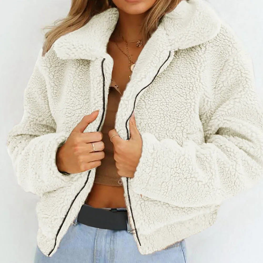 Женское теплое пальто из искусственной шерсти, одноцветная куртка на молнии из овчины, Зимняя парка, верхняя одежда, модное пальто#45