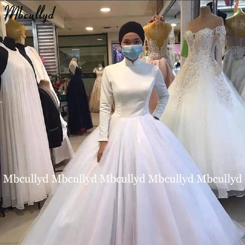 

New Long Sleeve Ball Gown Wedding Dress 2023 Muslim Arabic High Neck Bride Gown for Women Long Train Vestido De Novia