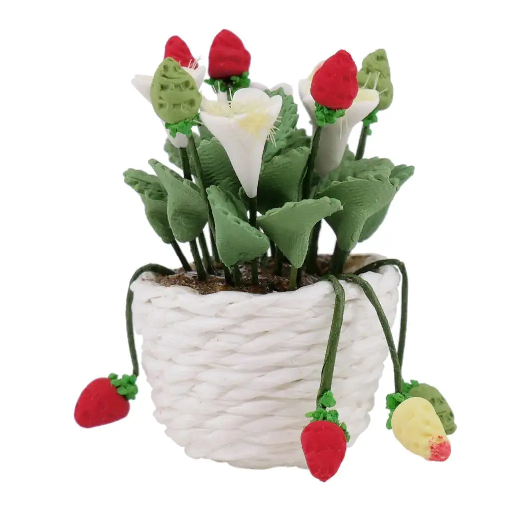 12th Doll House Flower Potted Miniature Strawberries Bonsai Model Beautiful DIY Fairy Garden Ornament Dollhouse Decor Kids Toy