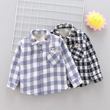 

Childrenswear Korean-style Children Plaid Shirt Fold-down Collar Long Sleeve Children BOY'S Fall And Winter Clothes Brushed And