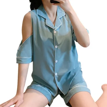 

2 Pcs Ice Silk Elegant Pajamas For Women Summer Pajamas Set Turn Down Collar V-neck Women Sleepwear Female Home Suit