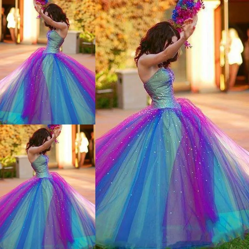 Rainbow Beaded Prom Dresses Sweetheart Crystal Backless Evening Dress