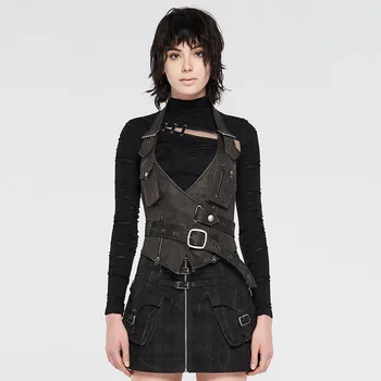 

PUNKRAVE Women's Metal Heavy Punk Halter Vest Punk Rock Irregular Belt Hanging Neck Waistcoat