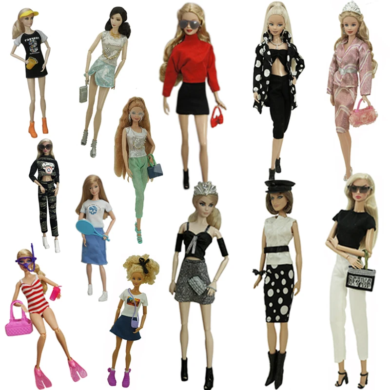 Fashion Outfits For Barbie Doll Clothes Set For Barbie Shirt Pants Shoes Glasses Crown Purse Hat Toys 1/6 Dolls Accessories