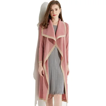 

LANMREM Pink Large Lapel Long Sleeve Contrast Color Pleated Slim Windbreaker Woman Casual Fashion 2020 Spring Coat New TV887