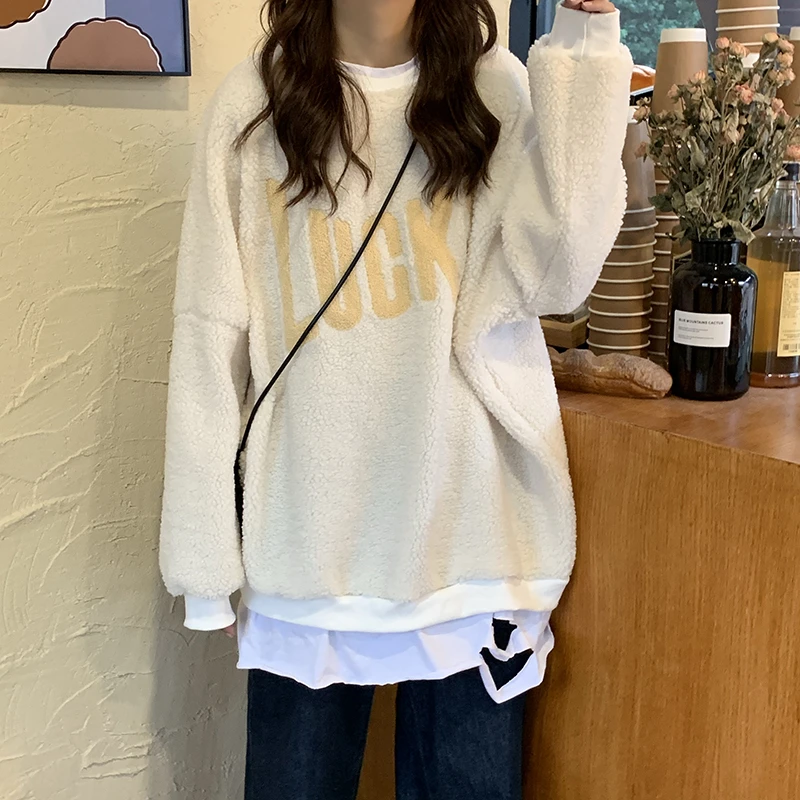 Поддельные двухсекционные Ulzzang из овечьей шерсти женские зимние новые корейские ins Harajuku винтажные свободные шикарные повседневные женские толстовки с надписью Lucky