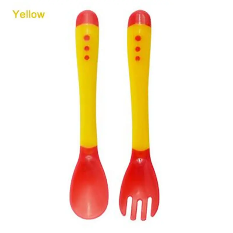 Yellow spoon fork Детская Ложка Вилка безопасности силикона температуры зондирования кормления столовая посуда ложка Вилка Кормушка Посуда для кормления - Цвет: Yellow spoon fork