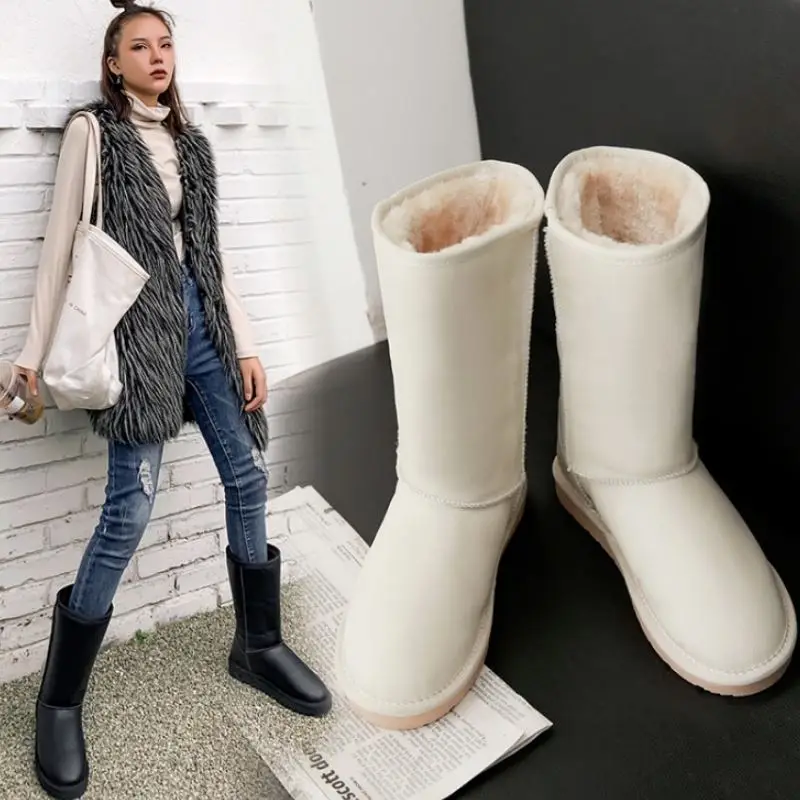 RizaBina Winter Warm Plush Snow Boots Women Real Leather Solid Color Round Toe Flats Shoes Outdoor Women Footwear Size 28-44