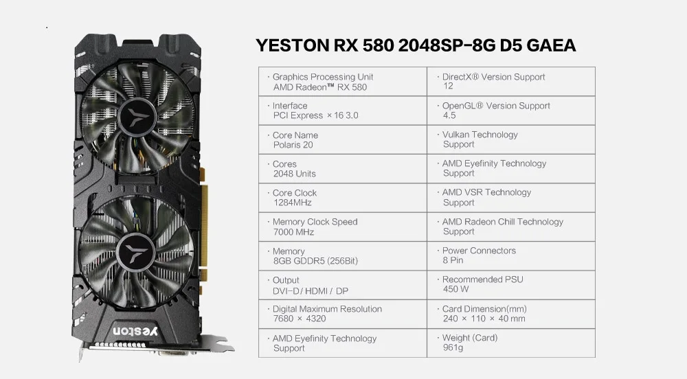 Yeston Radeon RX 580 GPU 8 ГБ GDDR5 256bit игровой настольный компьютер ПК видеокарты Поддержка DVI-D/HDMI/DP PCI-E X16 3,0
