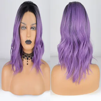 

Bombshell Short Loose Wave Bob Synthetic 13*4 Lace Front Wigs Black Roots Ombre Purple Heat Resistant Fiber Hair For Women Wigs