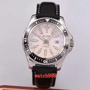 

BLIGER 44mm black leather strap luminous automatic men's casual watch white dial stainless steel waterproof mechanical watch