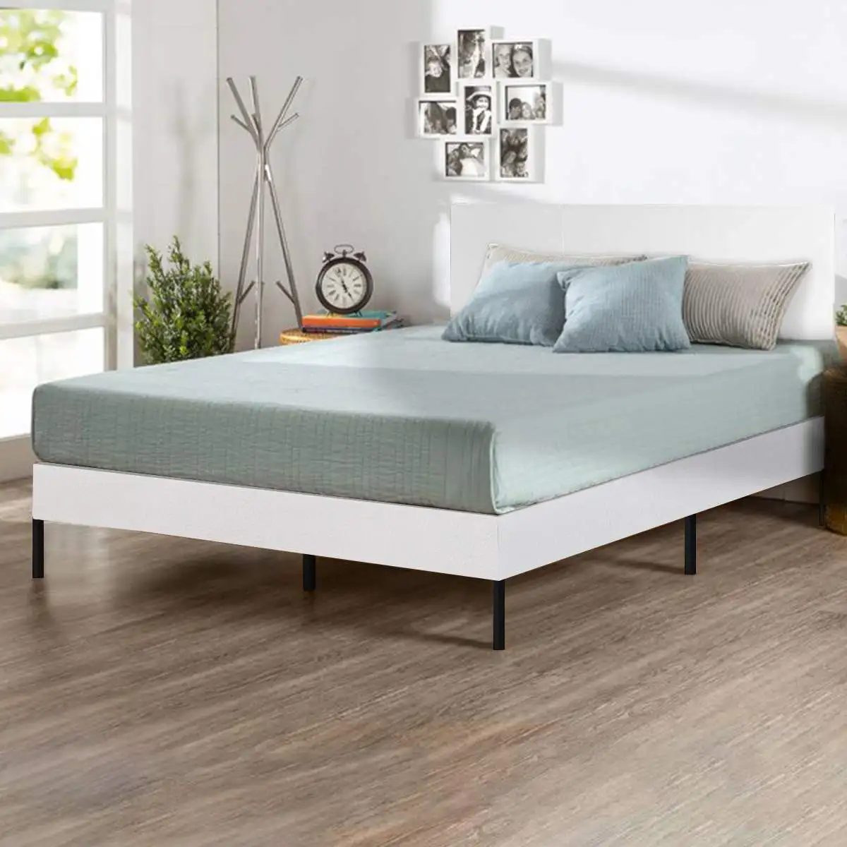 

Modern Upholstered Queen Bed Frame Deluxe Solid Bed Faux Leather Queen Size Bed Frame with Headboard and Slat Support For Adult