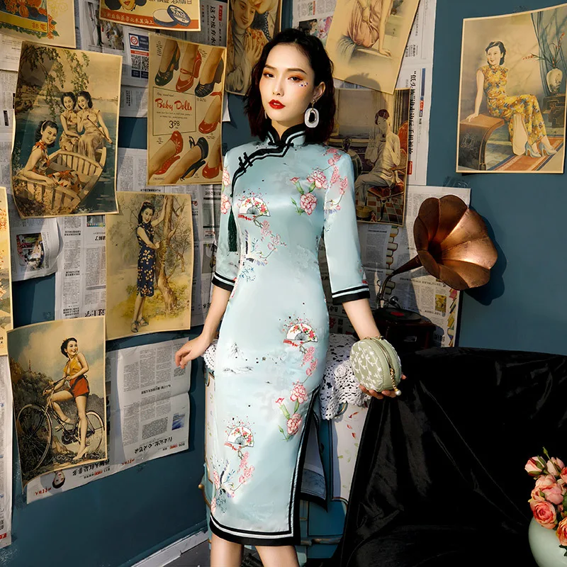 Для молодых девушек китайский стиль воротник Мандарин Cheongsam Половина рукава Винтаж Кнопка Qipao вечернее платье большой размер 3XL - Цвет: 6619