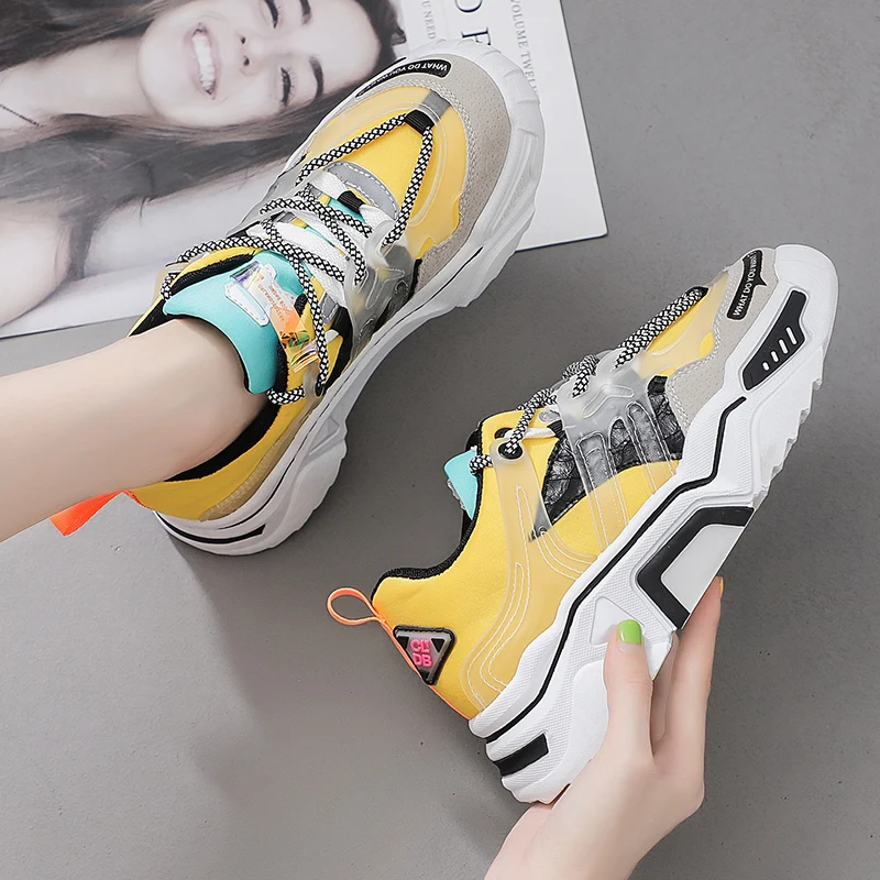 Уличные кроссовки на плоской толстой платформе; Zapatos De Mujer; Модные женские кроссовки; цвет розовый и зеленый; Высококачественная для бега обувь - Цвет: Цвет: желтый