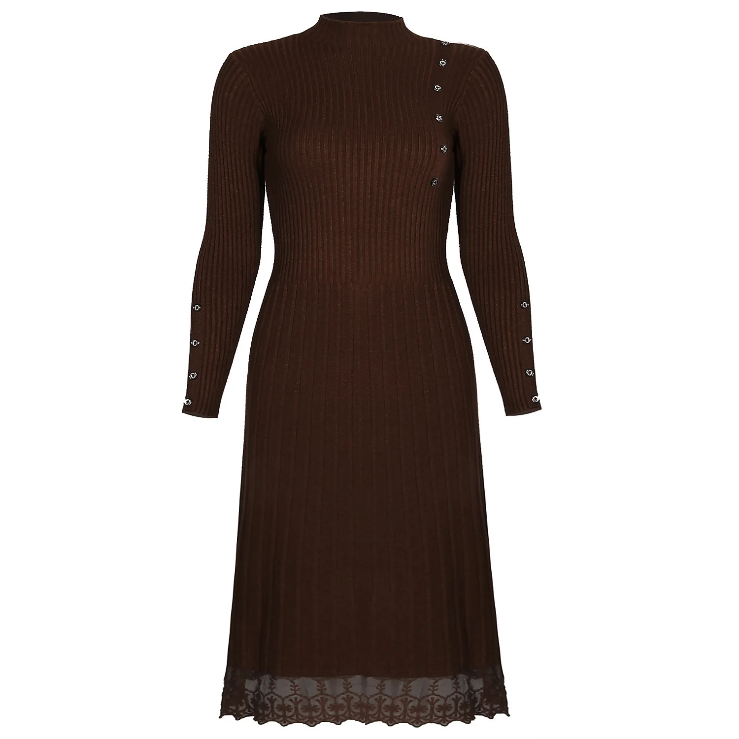Vestido Longo Hot Sale Acrylic A-line Turtleneck 2020 Women's New And Long Sleeve Button Stitching Knitted Dress