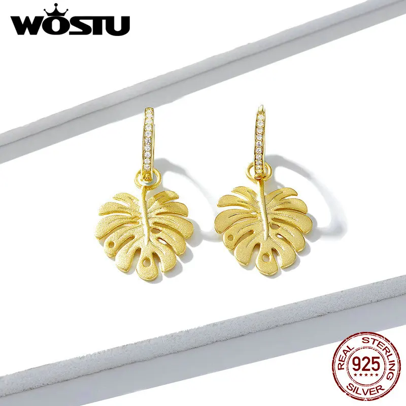 WOSTU Gennuie 925 Висячие серьги из серебра 925 пробы классический золотой цвет Monstera лист CZ серьги Горячая Мода ювелирные изделия FNE223