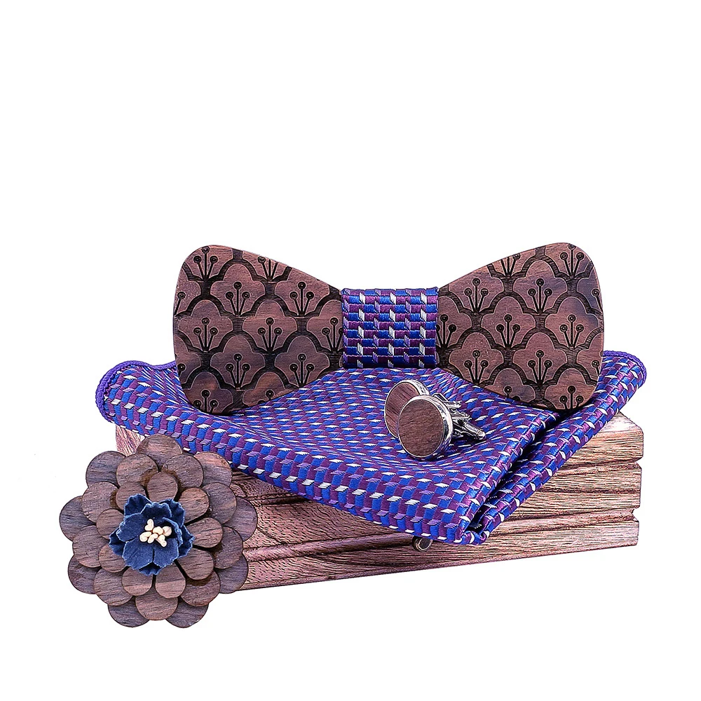 Wooden Bow Tie Men Set Square Scarf Cufflinks Brooch Party Stage Bow Tie Men's Accessories Logo Custom