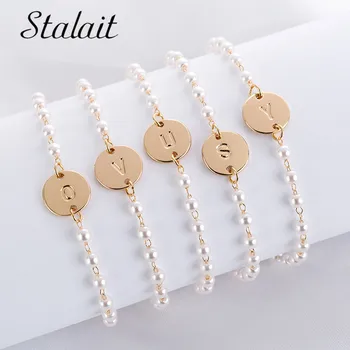 

Fashion Charm Letters Bracelets For Woman Trendy Round Gold Color Sequins Pearl Bracelets & Bangles Party Jewelry