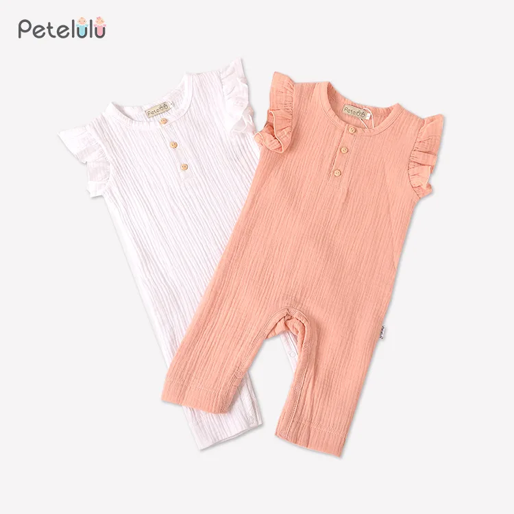 

2020 New Style Crew Neck Single Breasted Crawling Clothes Double Yarn Crepe Vest Small Fly Infants Baby Bodysuit One-piece Rompe
