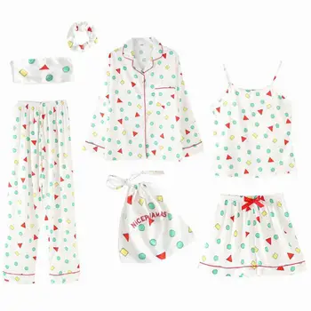 

Satin Nightwear Print Geometric Casual Women Pajamas Set 7PCS Shirt&pant Summer Long Sleve Sleepwear Sleep Set Sexy Pijamas Suit