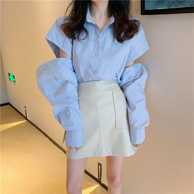[EWQ] 2021 Spring Long Sleeved Hole Design Blue Casual Lady Blouse Korean Style Turn-down Collar Oversized Ladies Shirt Chemise | Женская