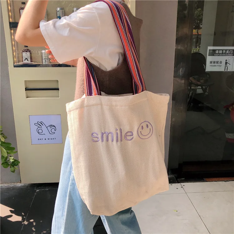 Embroidered Smiley Face Women Canvas Handbags Large Capacity Ladies Eco Reusable Shopping Bags Student Girls Books Shoulder Bag