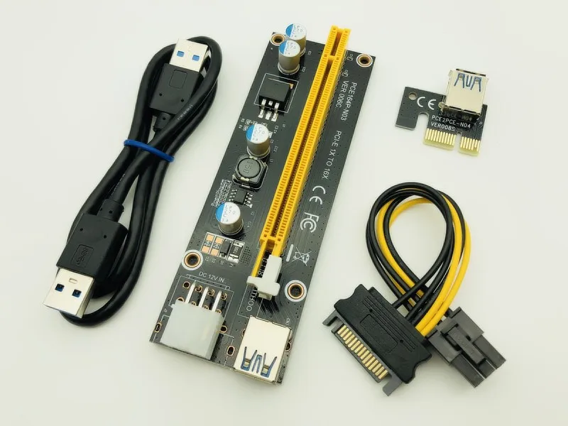 Riser 006C PCI-E Riser PCI E 1x to 16x PCIE Extender USB 3.0 Data Cable SATA to 6Pin IDE Molex Power Supply for BTC Miner Mining
