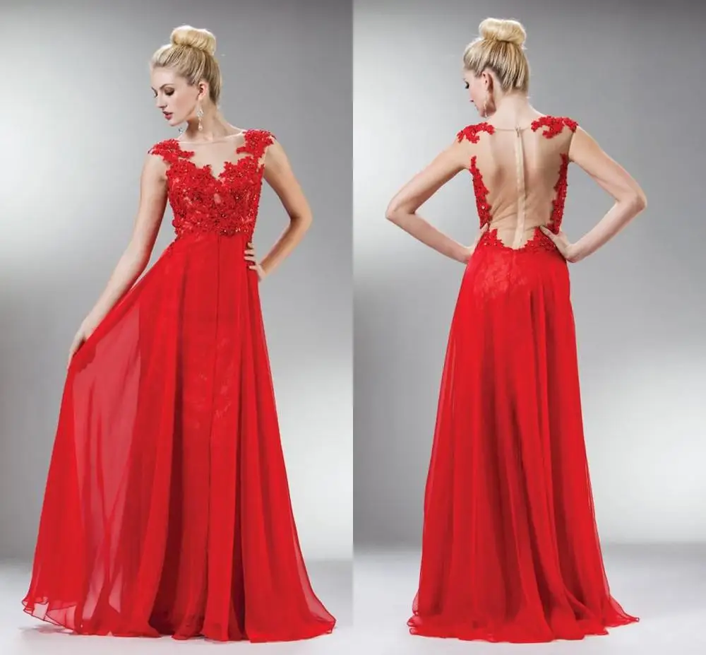 Красный Red Prom Sheer Bateau Neckline Lace Party Evening Appliques Crystal Long Graduation gown mother of the bride dresses - Цвет: Красный