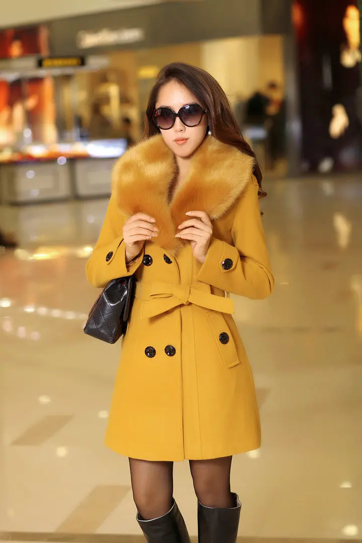 

2019 Fashion Fox Fur Collar Thicken Woolen Jacket Long Outerwear Tops FemaleWomen Sashes Coat Jacket Long sleeve Medium Long