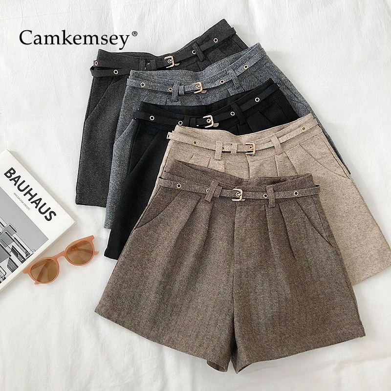 

CamKemsey Autumn Winter Casual Wool Blends Shorts Women Korean Brief Solid Vintage High Waist Wide Leg Shorts With Belt