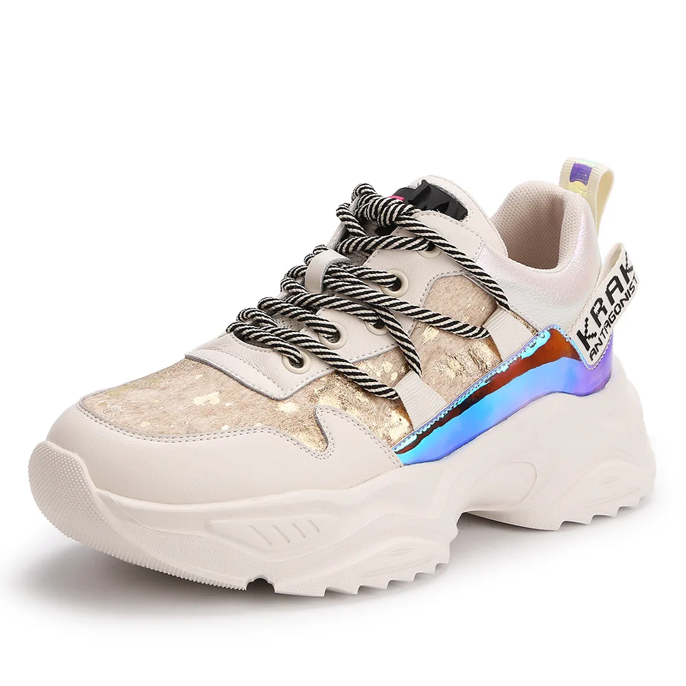

Spring Woman Chunky Sneakers Genuine Leather Horsehair Platform Shoes Woman Comfortable Trainers Soft Thick Sole Vulcanize Shoes