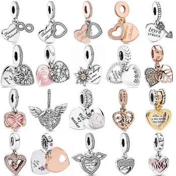 

Original Sparkling Freehand Infinity My Mum Heart & Angel Wings Pendant Beads 925 Sterling Silver Charm Fit Bracelet DIY Jewelry