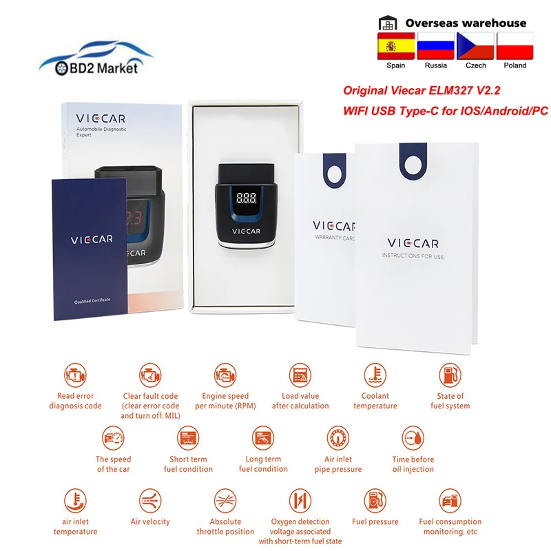 Автомобильный диагностический сканер Viecar ELM327 Bluetooth 4 0 V2.2 WIFI/Type c для Android/IOS ELM 327