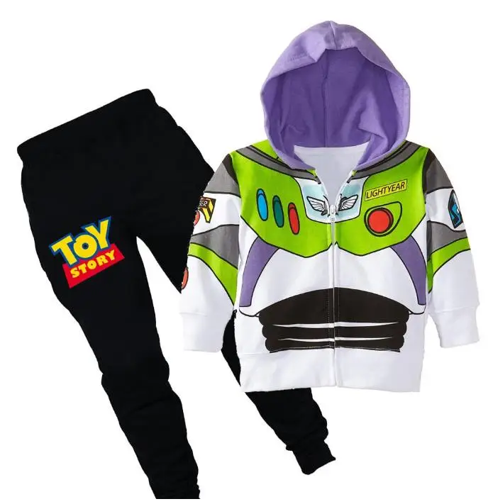 Детская Хлопковая одежда; комплекты с героями мультфильма «История игрушек», Базз Лайтер Косплэй для маленьких девочек, спортивный костюм для мальчиков, с капюшоном, футболка и штаны, 2 шт./компл. Повседневное спортивный костюм