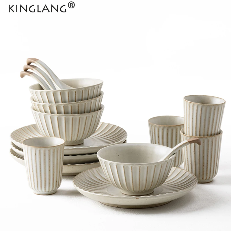Kinglang Retro Japanese Ceramic 1/2/4/8/10 Person Dinner Set Handmade