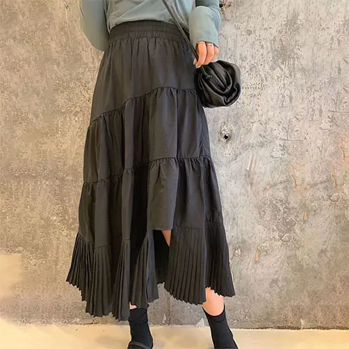 Женская Нерегулярная плиссированная юбкаTIGENA, длинная юбка с высокой талией для женщин на осень-зиму - Цвет: Черный