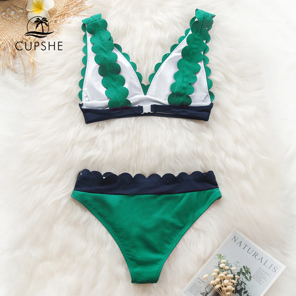 CUPSHE Green and Navy Scalloped Bikini Sets Sexy V-neck Swimsuit Two Pieces Swimwear Women 2020 Beach Bathing Suits Biquinis 3