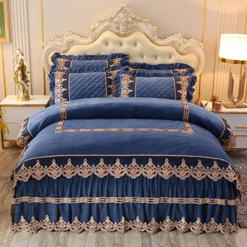 

Velvet Fabric Quilted Bedding Set 4pcs Lace Quilt With Bed Skirt Solid Duvet Cover Bed Cover Pillowcase King Queen Size Winter