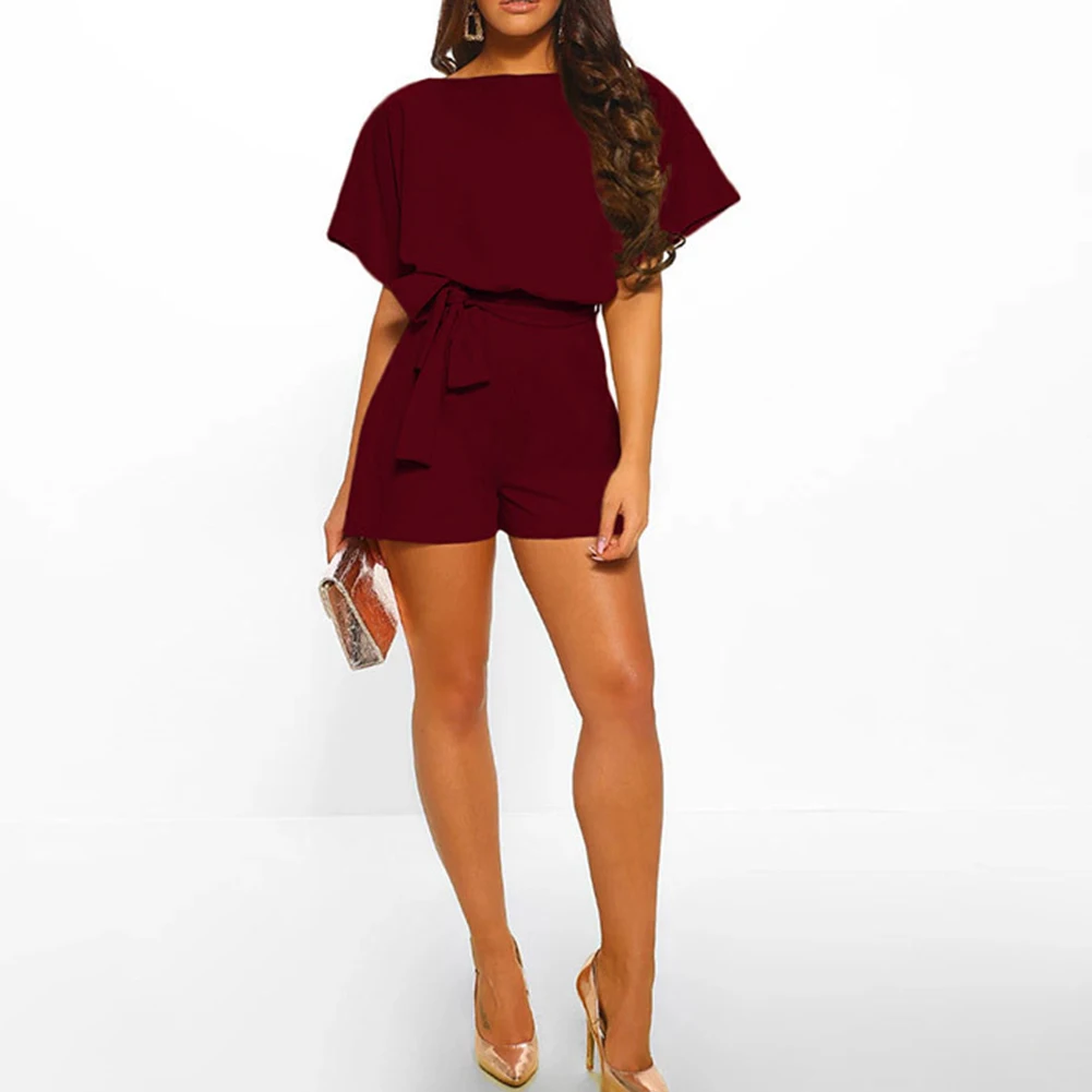Women Jumpsuit Loose Office Solid Crew Neck Lace Up Elegant Daily Short Sleeve Shopping High Waist Casual Dating Summer