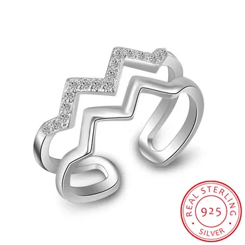

925 Sterling Silver Rings For Women Trendy Fashion Multi-layer CZ Zirconia Wave Resizable Rings Bague S-R197