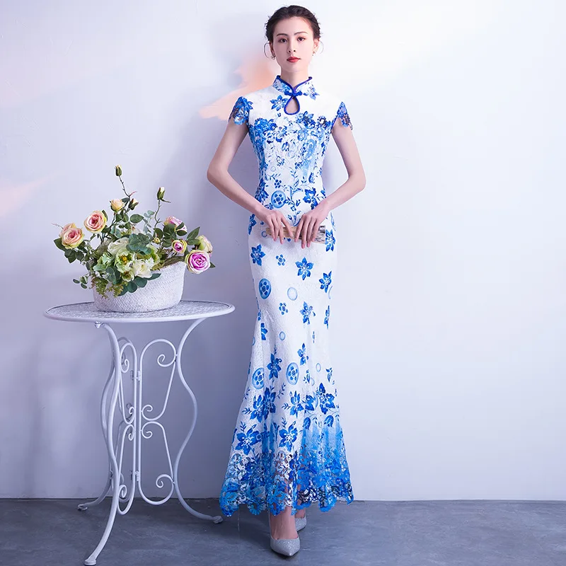 Sexy Long Cheongsam Spring Traditional Chinese style Dress Womens Short Sleeve Qipao Slim Party Dresses Button Vestido XS-XXXL | Женская